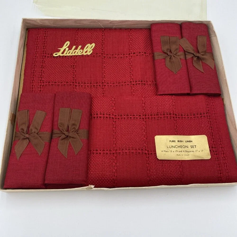 Vintage Liddell Irish Linen Napkins and Place Mats Red NEW Made Ireland Table